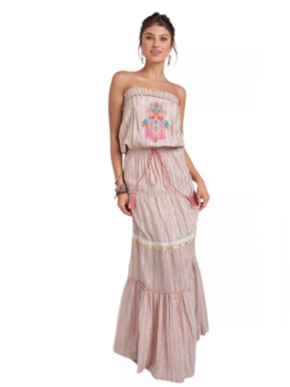Boho lavender and gold Strapless Maxi Dress with embroidered detail size medium